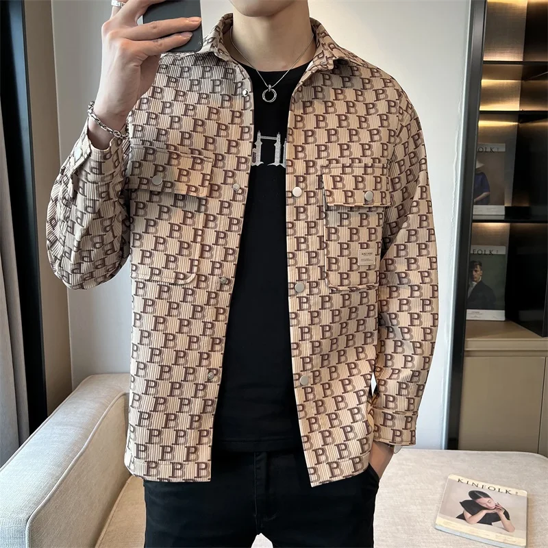 Korean Fashion Letter Printed Jacket for Men Autumn Multi Pocket Lapel Casual Shirt Jackets Versatile Casual Youth Outwear Coats