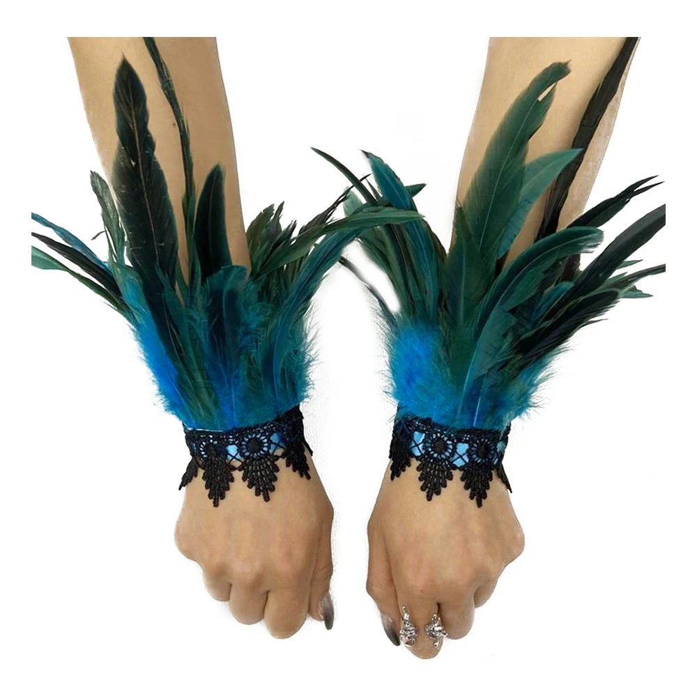 Natural Rooster Feather Cuffs Women Detachable Wrist Cuffs Arm Warmer Gothic Rave Party Props Stage Cosplay Manchette En Plumes