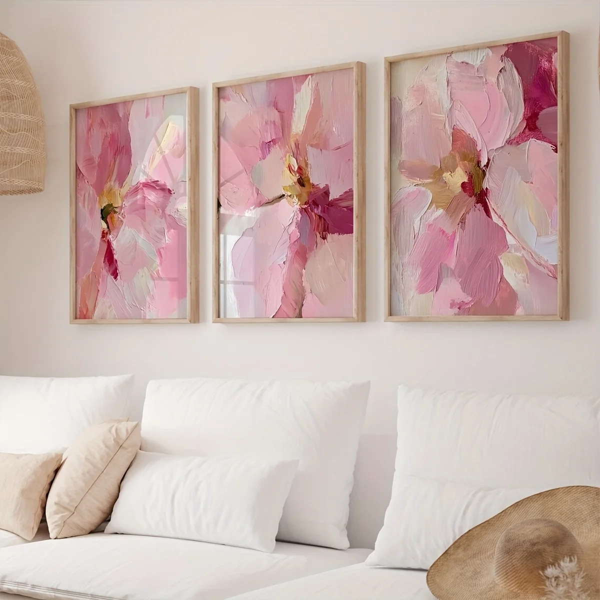3 Stück abstrakte Pfingstrosen-Blumen-Pflanzen-Leinwanddruck, lebendige rosa Blumen-Wandkunst, Poster für moderne Wohnzimmer, Schlafzimmer, Heimdekoration