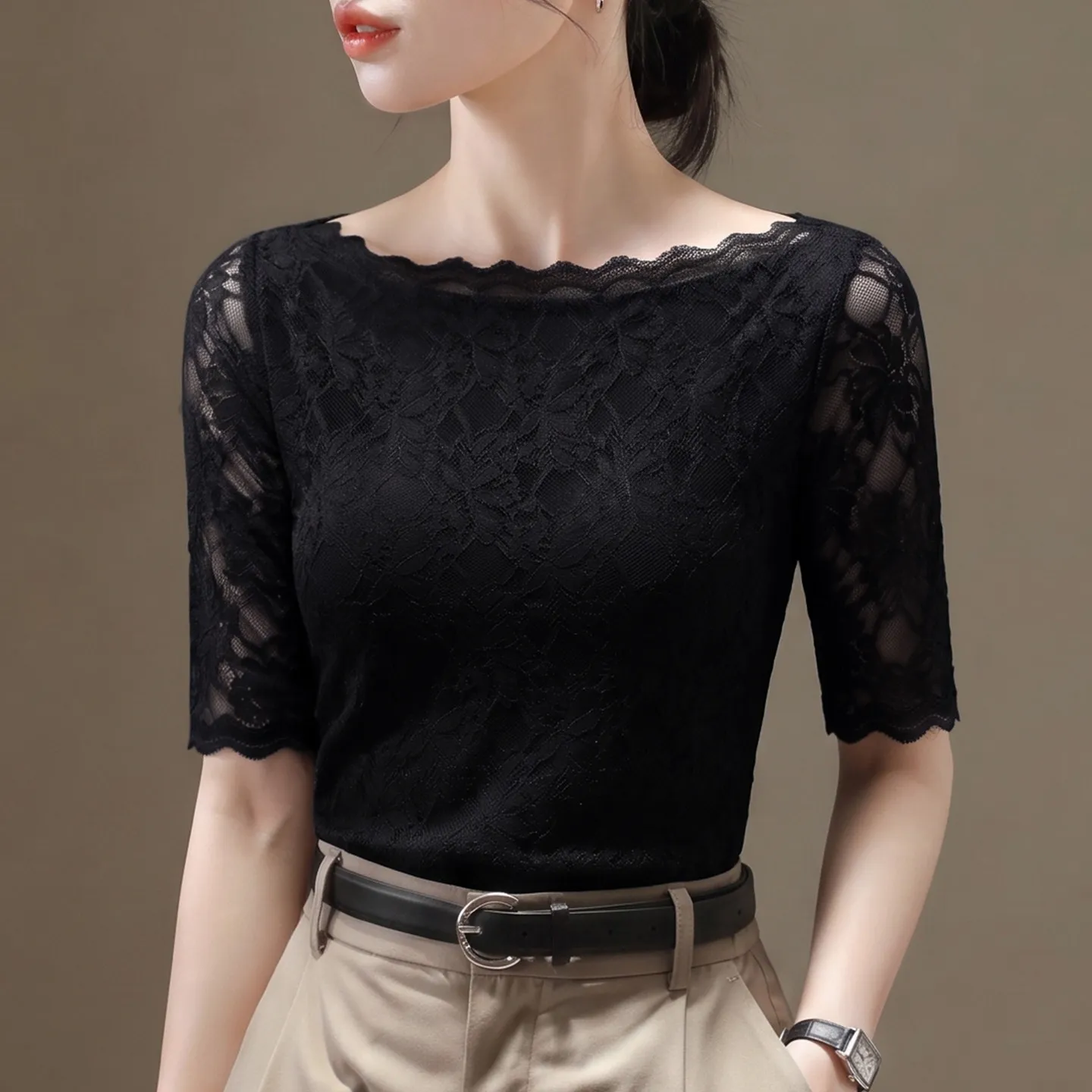 2026 New Spring Autumn Lace Half Sleeve T-shirt Women Slim Thin Seven-quarter Sleeve Mesh Top