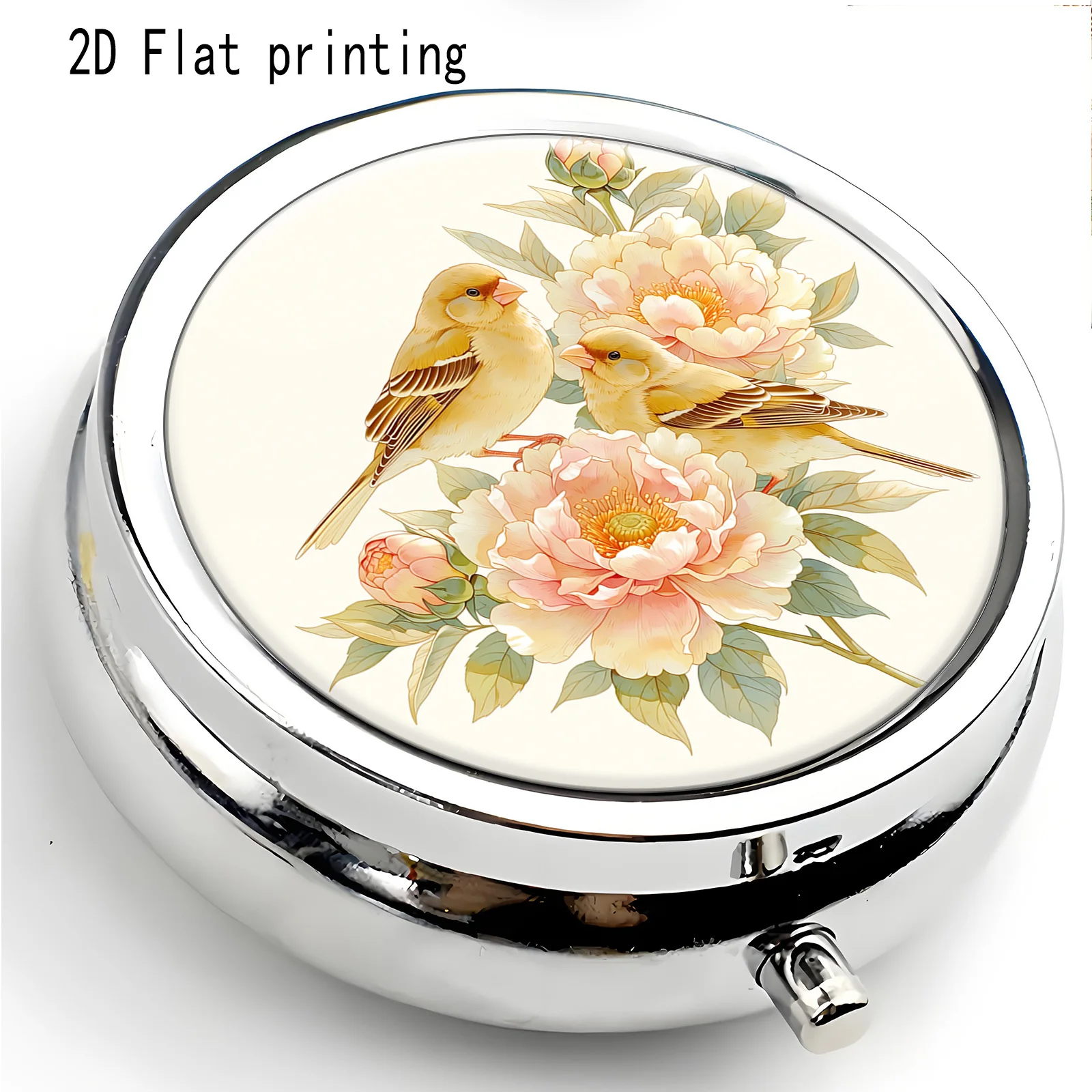 A round multi-compartment portable box, decorated with Oriole and peony patterns, flat design, sealed and moisture-proof, used for storing vitamins and pills, traditional style, unisex, perfect for commuting and traveling
