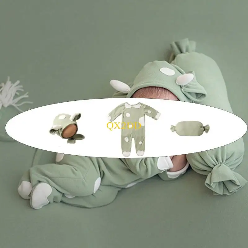 QX2D Lovely Newborn Baby Photo Costume 3pcs Cow Theme Romper Set for Photography Gift