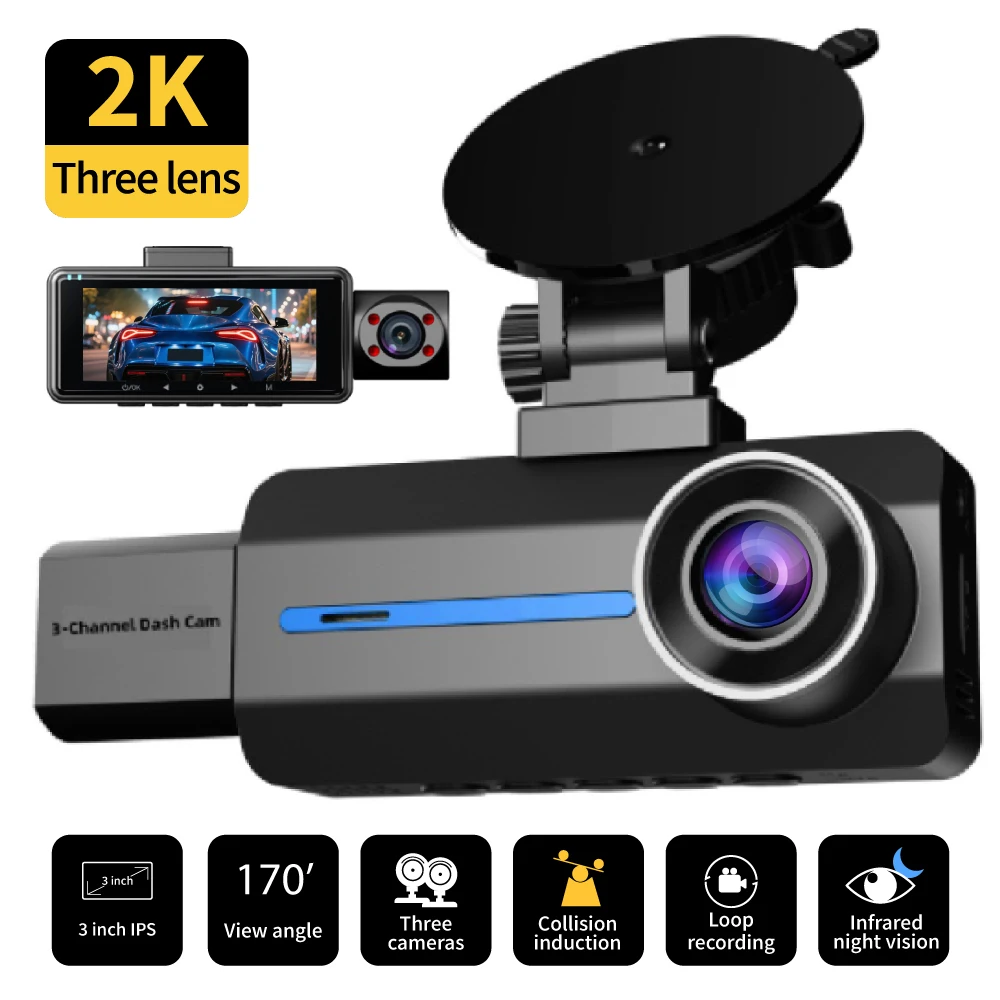 

3,16-дюймовый 3-камерный видеорегистратор 2K, автомобильный видеорегистратор, мобильный Wi-Fi, регистратор с управлением через приложение, ночное видение, передний, задний, широкоугольный, черный ящик