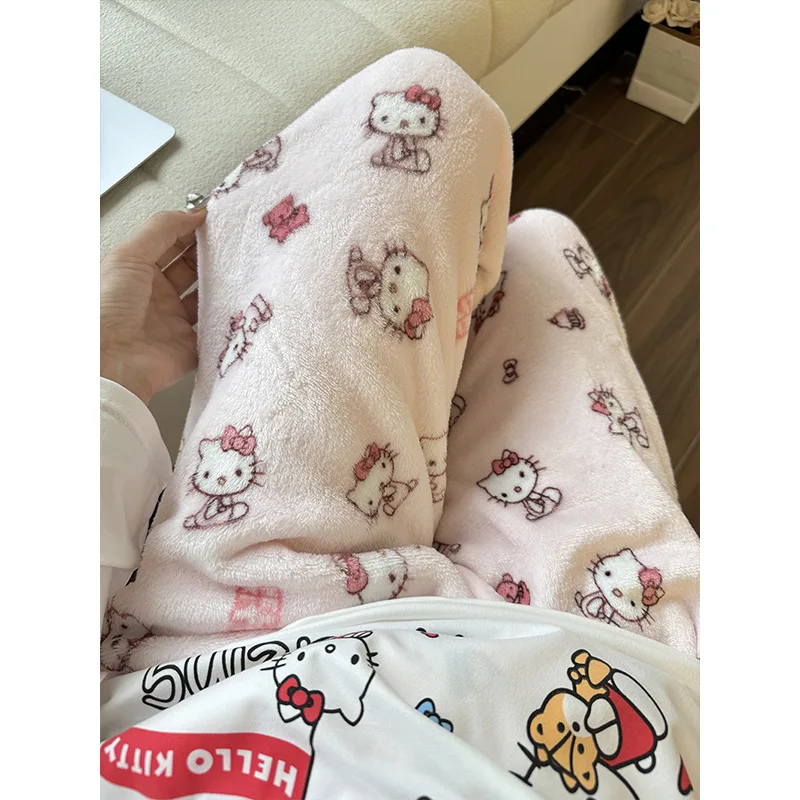 Sanrios Hello Kitty Y2K Plush Pajamas Pants Cartoon Loose Home Pants Anime Thickened Casual Pants Cute Winter Trousers Girl Gift