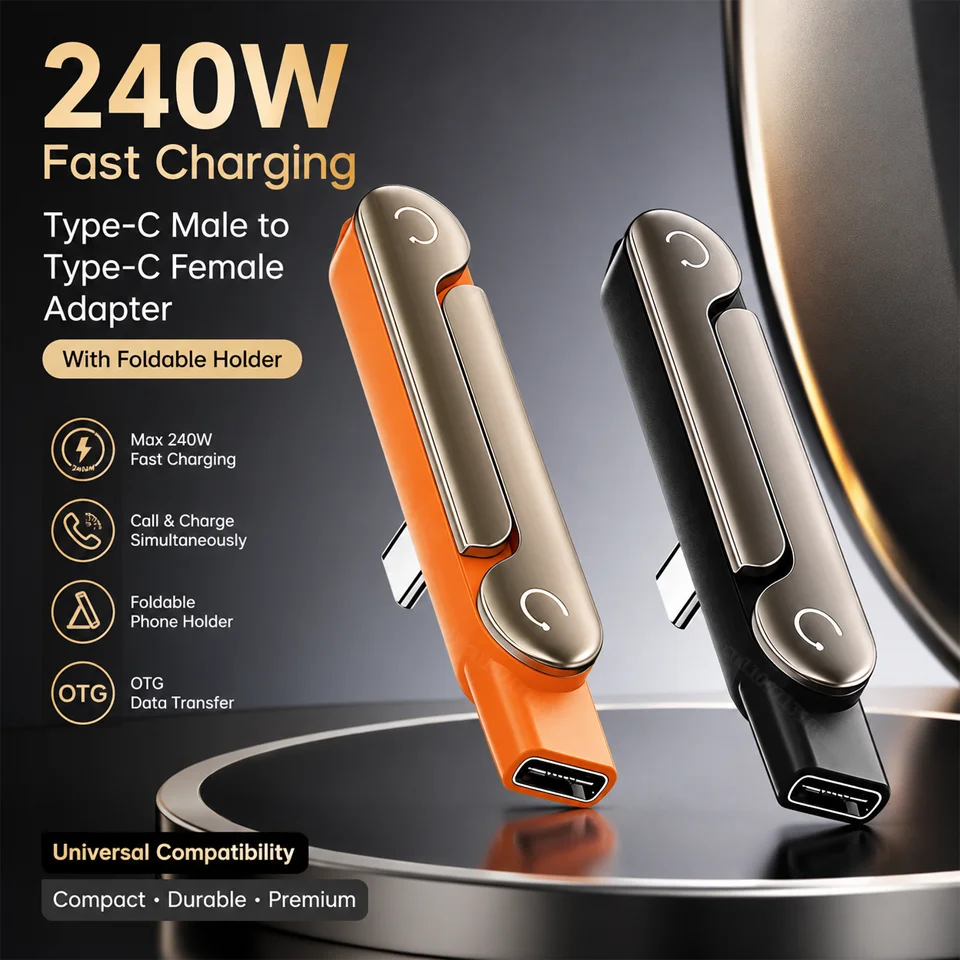 240W USB-C OTG Adapter with Foldable Phone Stand, Type-C Male to USB-C Female Fast Charging Converter