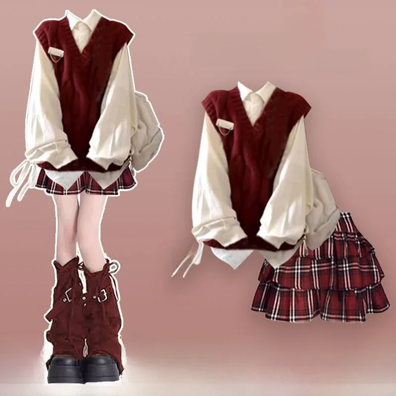 College Sle Early Autumn Knitted Red Dr ort Skirt loween Costume Spicy Girl Faion Set Polyester Long Sve  ...