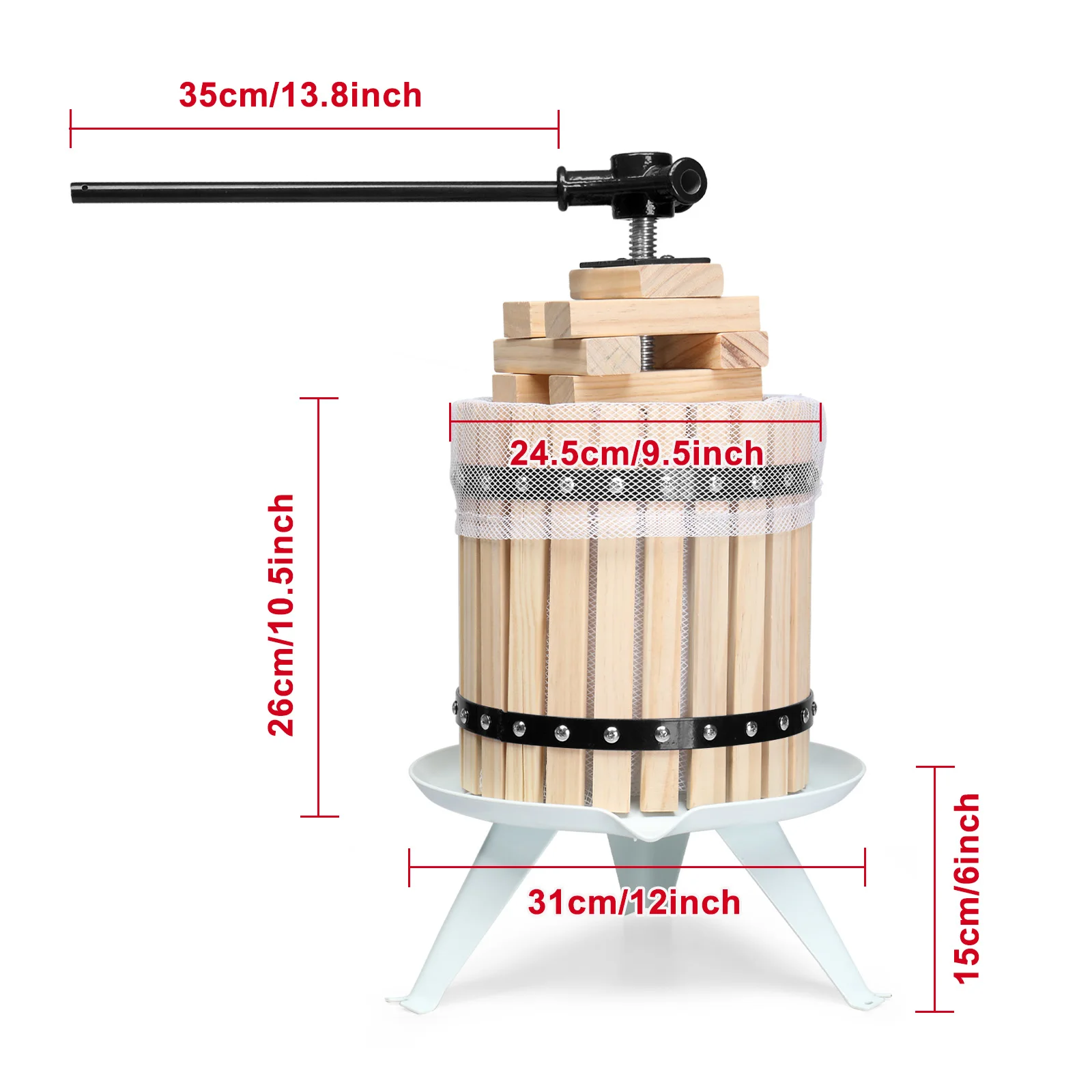 Prensa de vinho de frutas de 3.17 galões, cesta de madeira para fazer vinho com 6 blocos, triturador manual de suco de uva de maçã de sidra de 12 litros