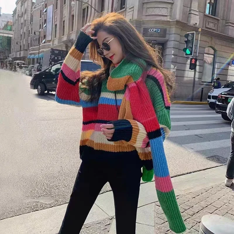 Rainbow Striped Knit Pullover Sweater + Scarf, Women's Autumn and Winter New Loose Spell Color Personality Knitted Sweater Y2k