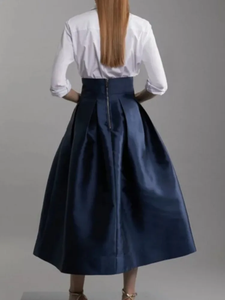 Women's Navy Blue High Waist Pleated Skirt Zippered Back A-line Midi Length Elegant Party Wear Skirts 2025 Autumn New Bottoms