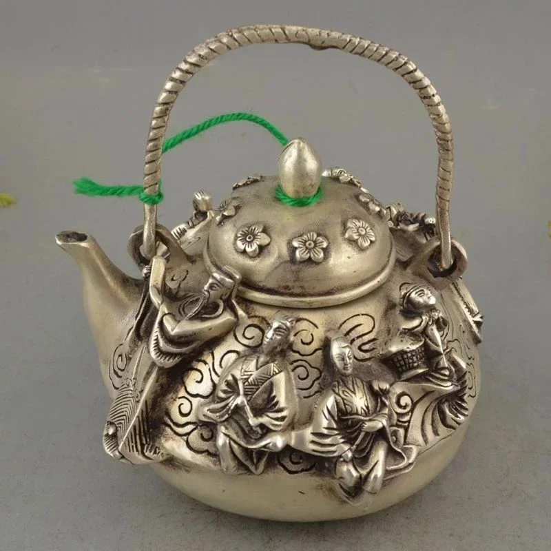 Vintage excellent Old Statue tibet silver carved immortal teapot