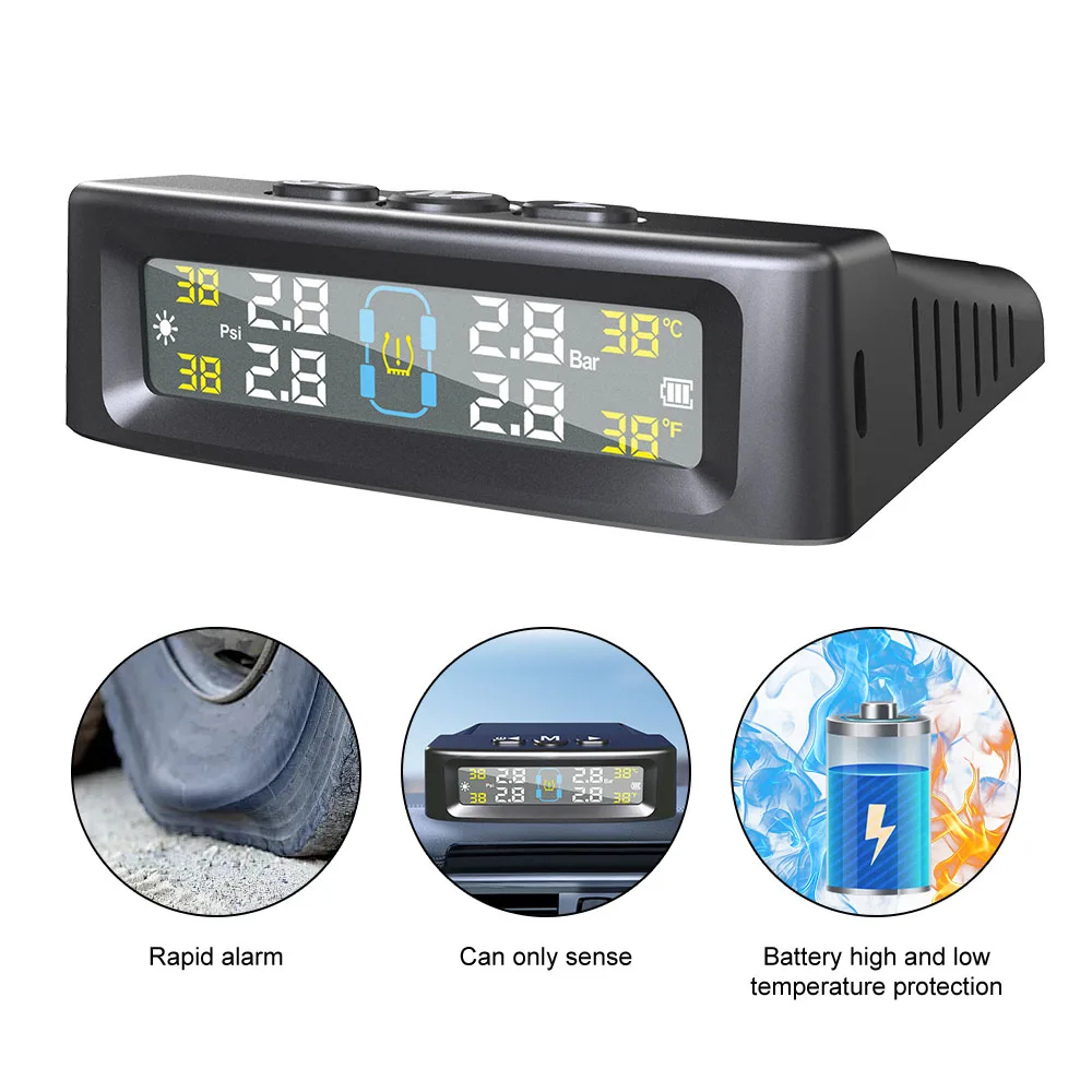 Car Tyre Pressure Monitor Tire Pressure Monitoring System Temperature Warning Fuel Save With 4 External Sensors Solar TPMS