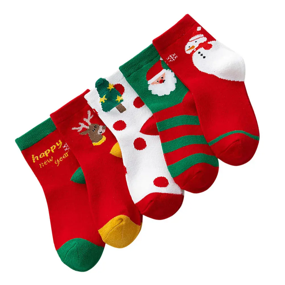 

5Pairs Christmas Socks Child Mid-Tube Cotton Warm Breathable Xmas Festival Kids Socks Cartoon Design Xmas Stockings