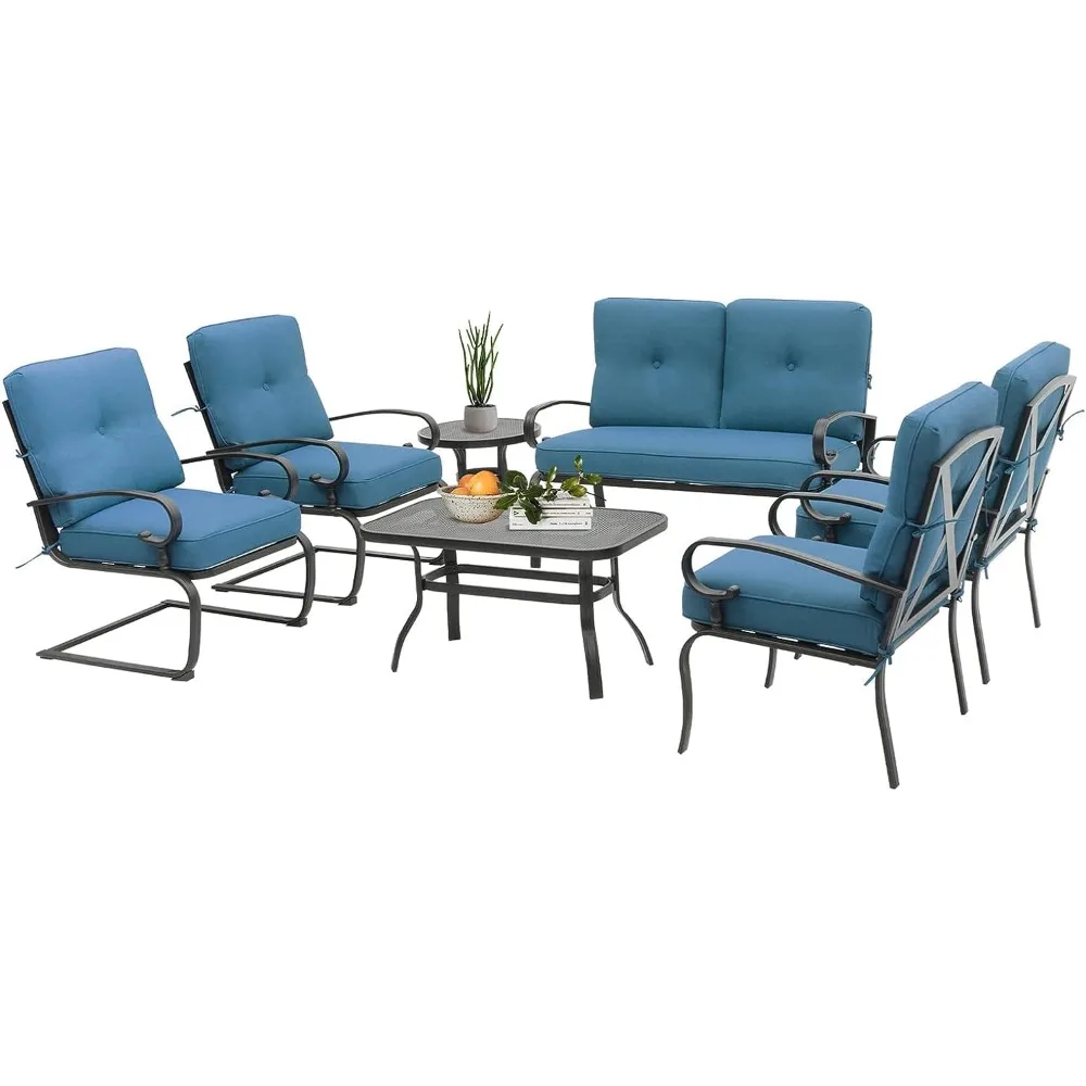 7Pcs Metal Outdoor Furniture Patio Conversation Set, Double Sofa, Coffee Table, Tavern Table, 2 Spring Chairs, 2 Dining Chairs