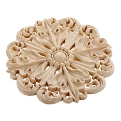 1 pc Retro Woodcarving unpainted Solid Wood Round Applique Decorative Engraving Furniture Decoration for wall door Windows