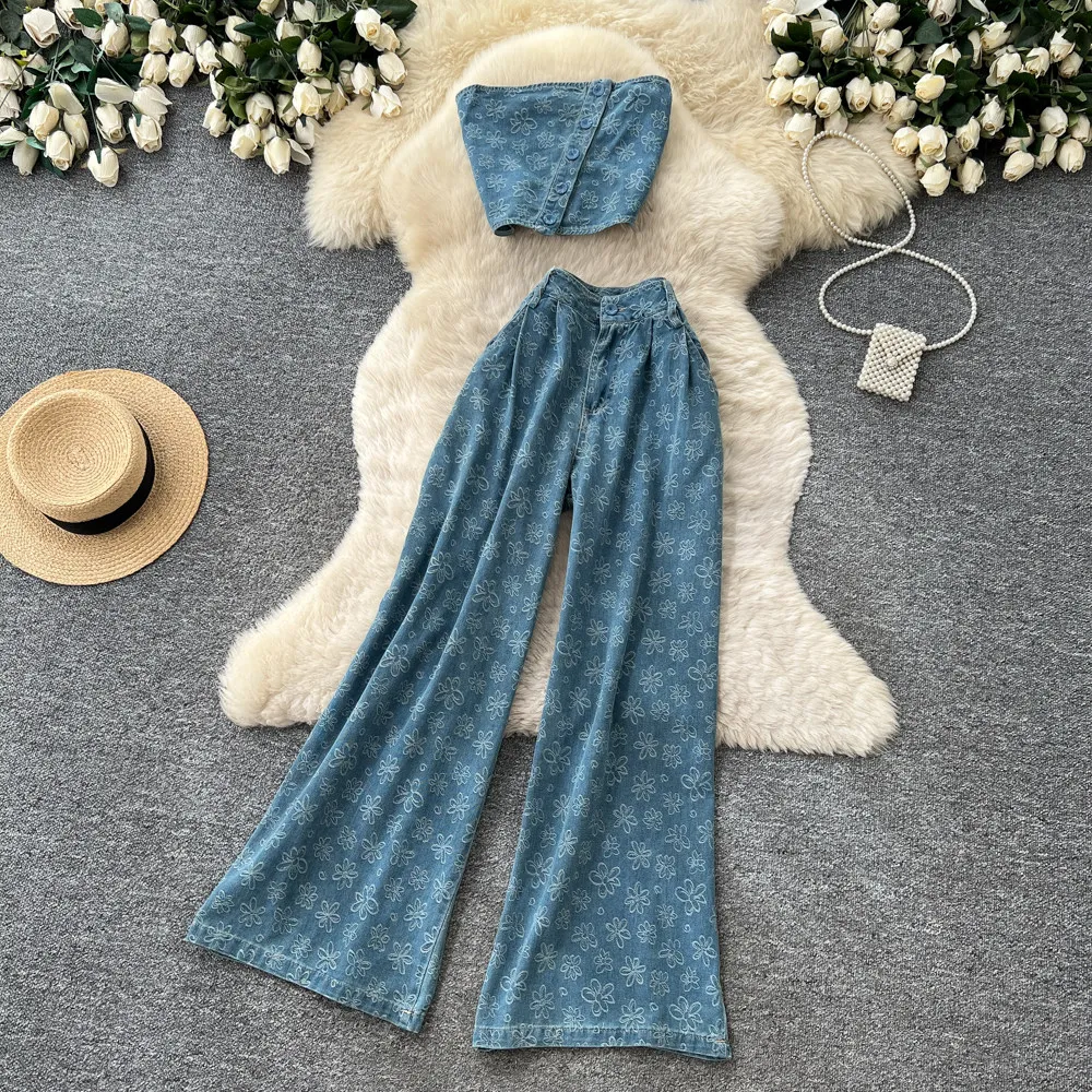 Woman Denim Set Western Outfit Woman Cowgirl Printed Strapless Tank Top Wide Leg Pants Slim Commuter 2 Piece Sets for Women