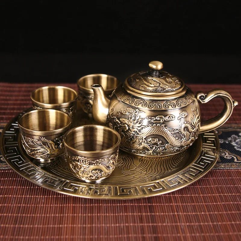 Metal tea set, teapot, dragon and phoenix creative retro kung fu tea with tray, home gift box, office set