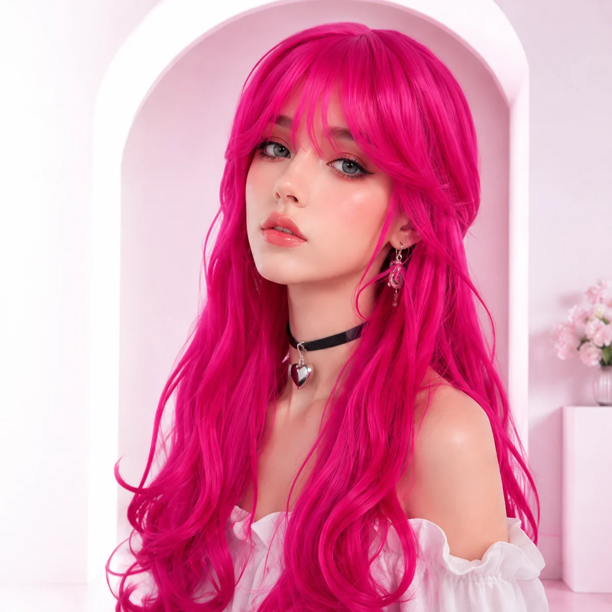 Pink Long Wavy Synthetic Cosplay Wig Bangs Half Up Half Down Heat Resistant Hair Wig Adult Women Anime Role Play Halloween Party - view 2