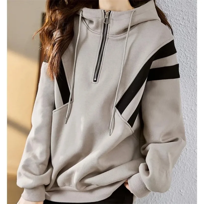 2023 New Hooded Sweatshirt Women's Spring and Autumn Thin Pullover Zipper Top Cotton Blouser Spring Autumn Coat Shoulder Drop