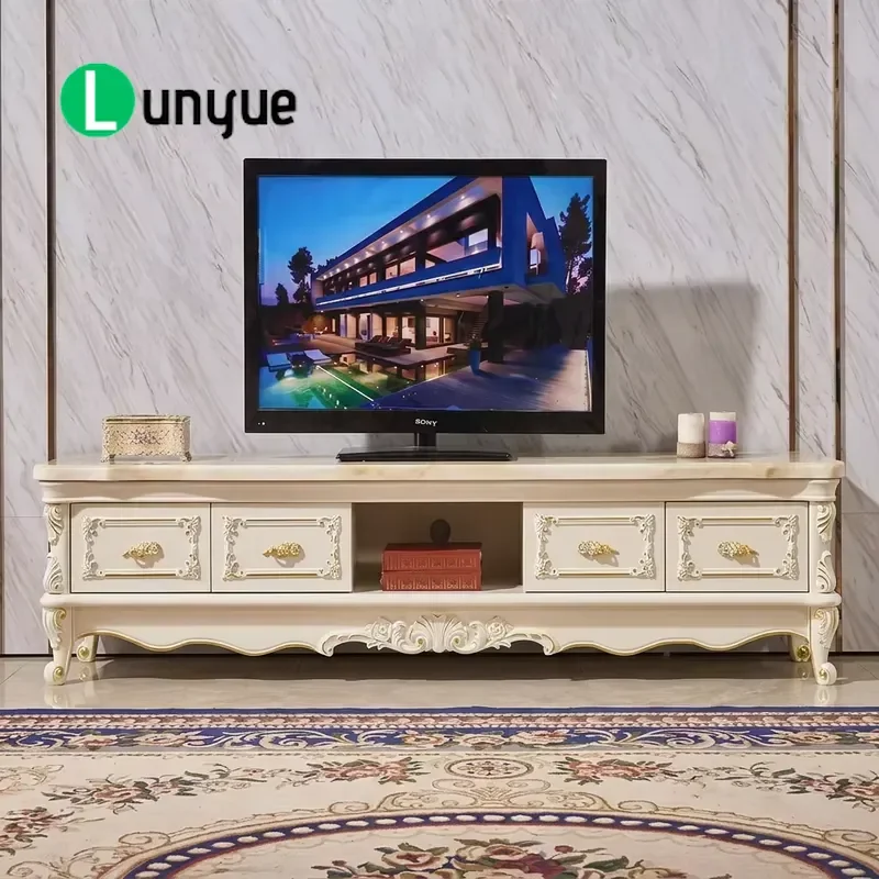 European Solid Wood TV Cabinet with Marble Top Living Room Furniture Modern Minimalist Storage Console Table