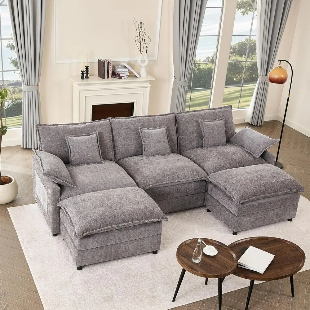

108 Ultra-Comfort Sectional Sofa, 3-Seat Cloud-Soft Couch, Set with Movable Ottoman, Deep Seating Living Room Furniture, Chenill