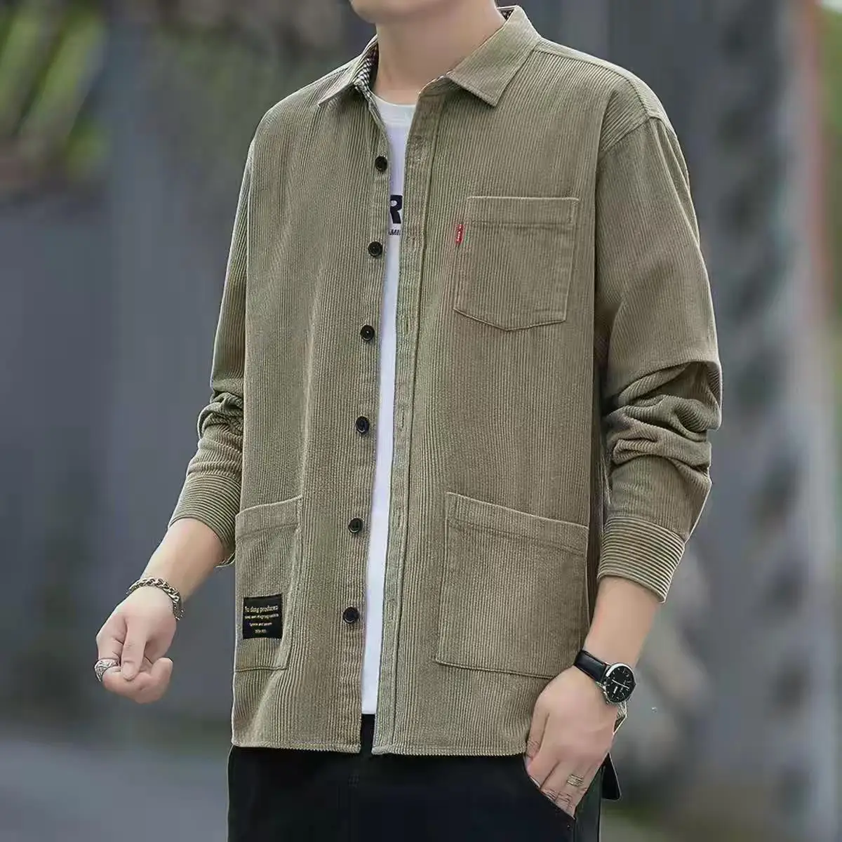 Corduroy Long Sleeve Shirt Men's Casual Collar Multi Pocket Workwear Style Spring Autumn Outerwear Breathable Wear Resistant