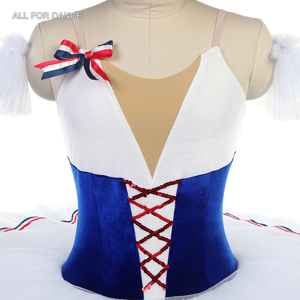 BLL589 ロイヤルブルー/ホワイト ベルベットボディス、ホワイトの硬いチュールチュチュ付き、フラム・オブ・パリのバリエーション用プレプロフェッショナルバレエチュチュ