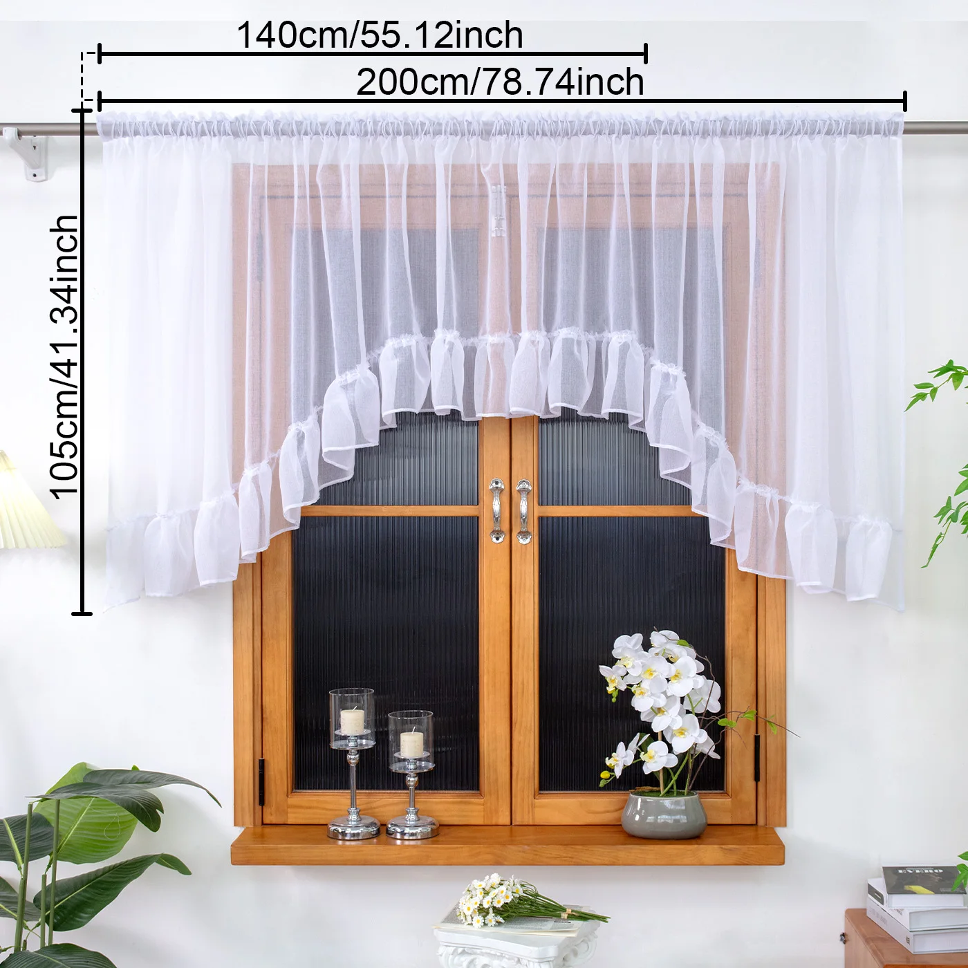 1PC White Ruffle Trim Sheer Curtain With 6cm Pleat Tape, Arched Tulle For Kitchen Living Room And Cafe, Lovely Housewarming Gift