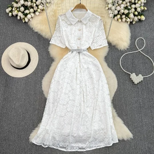 

2024 Summer Light Mature Style Retro Style Short sleeved Flip Collar Waist Slim Mid length A-line Dress Lace Dress