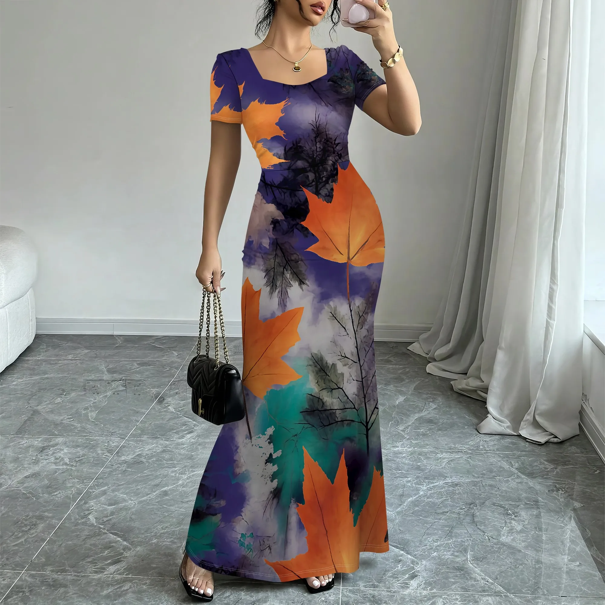 

Women's Autumn Leaf Print Bodycon Maxi Dress Short Sleeve Square Neck Orange Purple Fall Thanksgiving Party XS-3XL