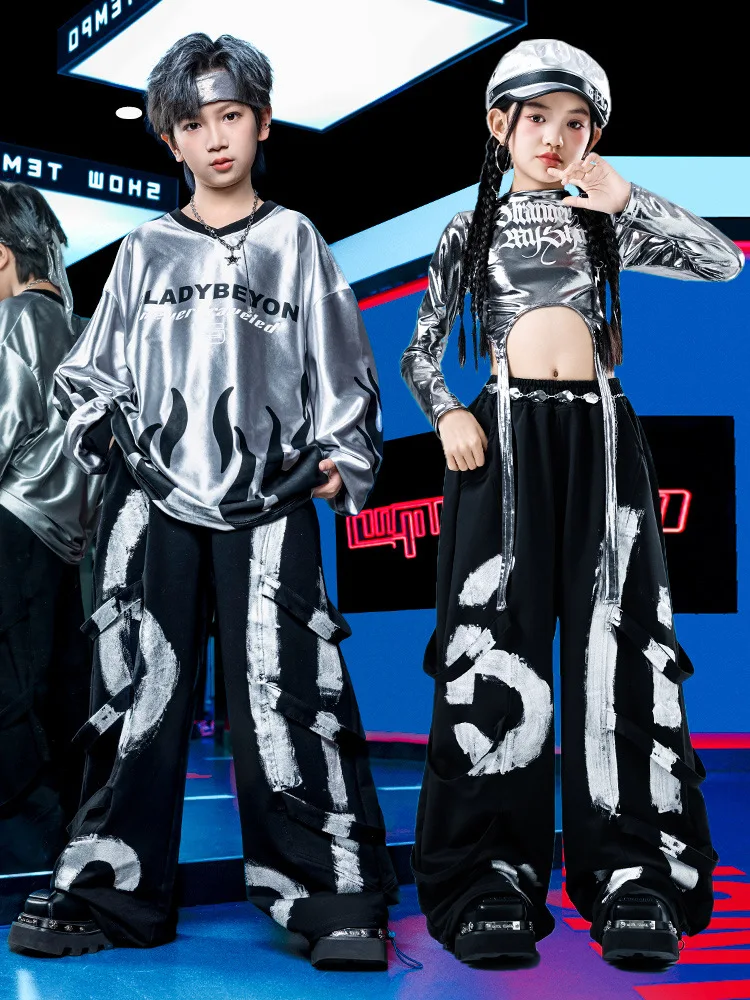 Dziecięca odzież Kpop Hip Hop Szara bluza z płomieniami Krótki top Graffiti Spodnie dresowe na szelkach dla dziewczynki i chłopca Stroje do tańca ulicznego