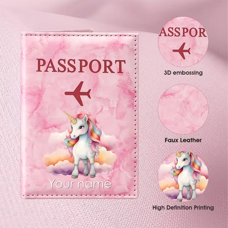 Personalized Custom Name Rainbow Unicorn Dream Illustration PU Passport Holder, Featuring a Unicorn with a Rainbow Mane Standing
