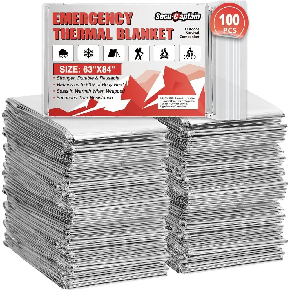 

100-Count XL 84 x 63 Mylar Thermal Blankets for Outdoor Survival, Camping, and Emergency Kits