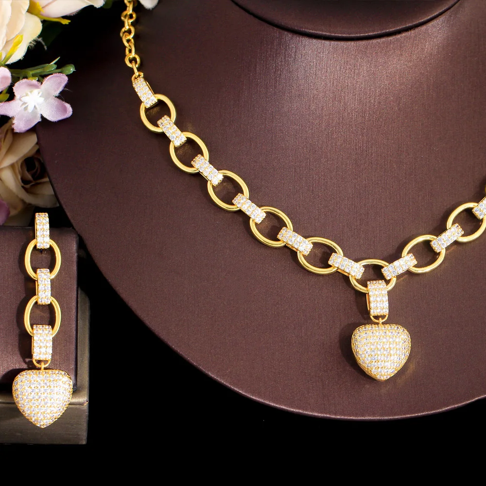 CWWZircons Popular Love Heart Shaped CZ Cuban Link Chain Brazilian Gold Plated Necklace and Earrings Women Jewelry Sets T699