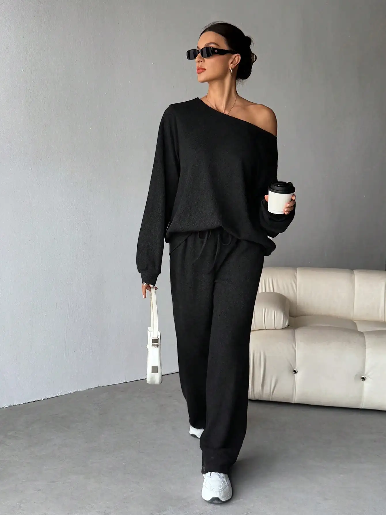 

Black Knit Two Piece Set Women Off Shoulder Sweatshirt And Wide Leg Pants Casual Loungewear
