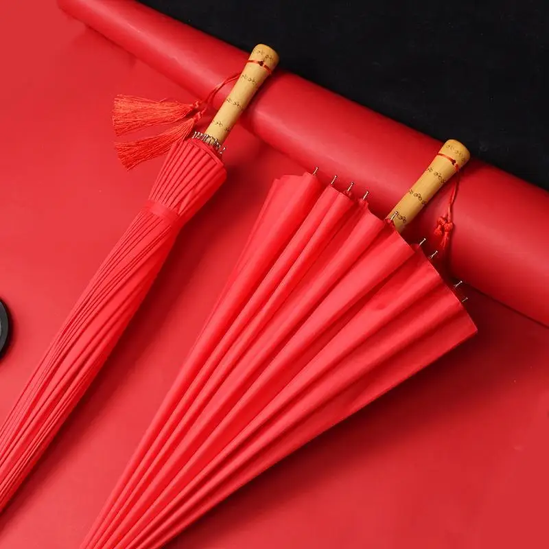 24 Ribs Wooden Long Handle Chinese Wedding Bride Umbrella Vintage Red Bridal Umbrella for Wedding Ceremony