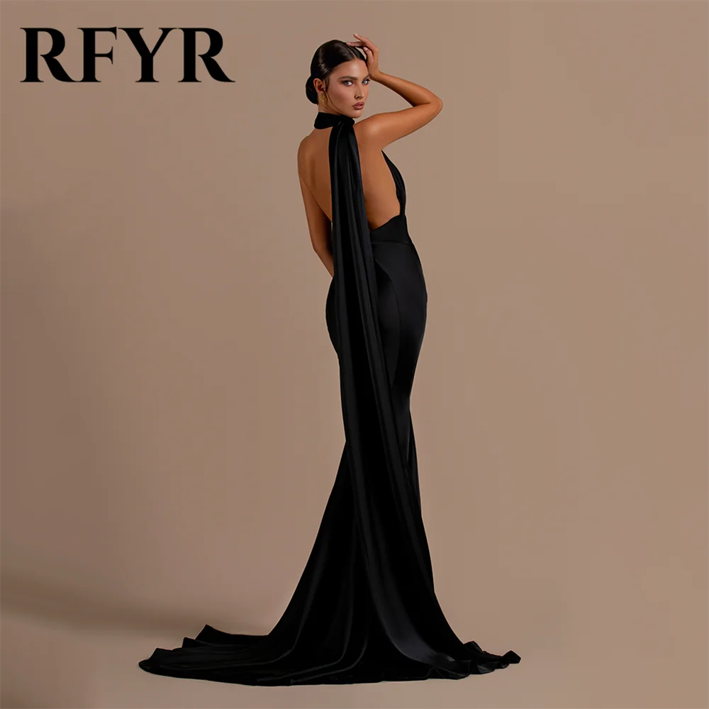 Rfyr schwarz Ballkleid sexy rücken frei Neck holder Meerjungfrau Abendkleider ärmellose Satin Party kleid Slim Fit boden lang فستان س카رة