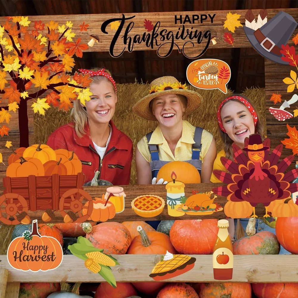 

21pcs Cartoon Thanksgiving Photobooth Prop Mask Glasses Party Paper Frame Autumn Leaves Colorful Handheld Frame Prop