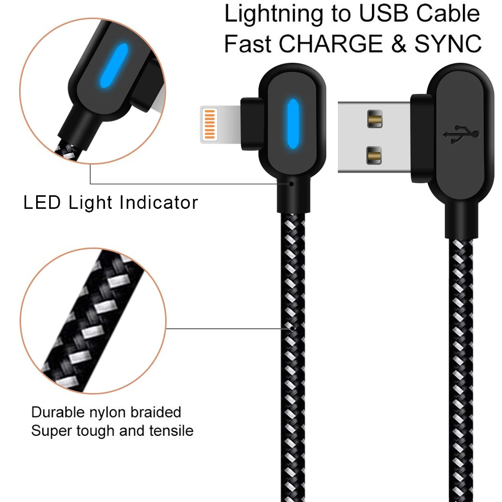 90 Degree USB Fast Charging Cable For Apple iPhone 14 13 12 11 Pro Max X XR XS 7 8 6 Phone Data Cord Charger Wire Accessories