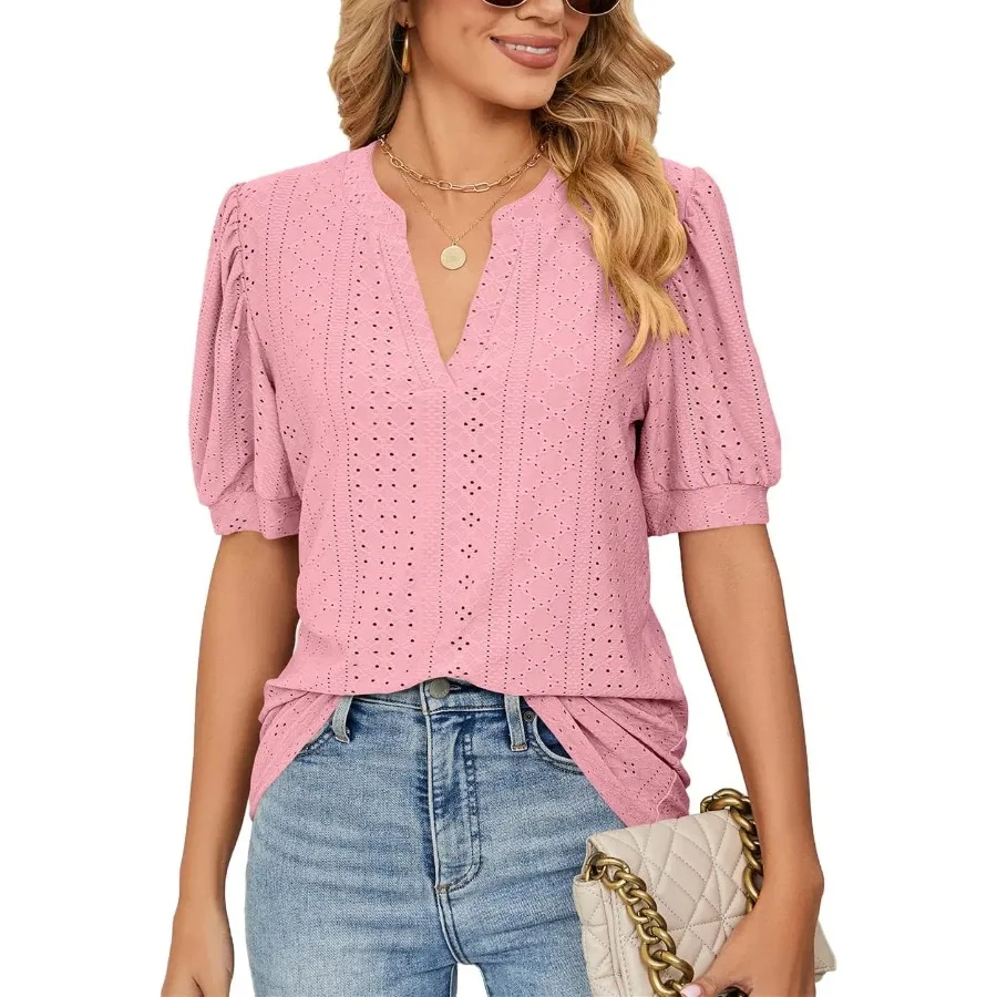 Women's Summer V-Neck Pleated Sleeve Short-Sleeved Casual Top-Shirt