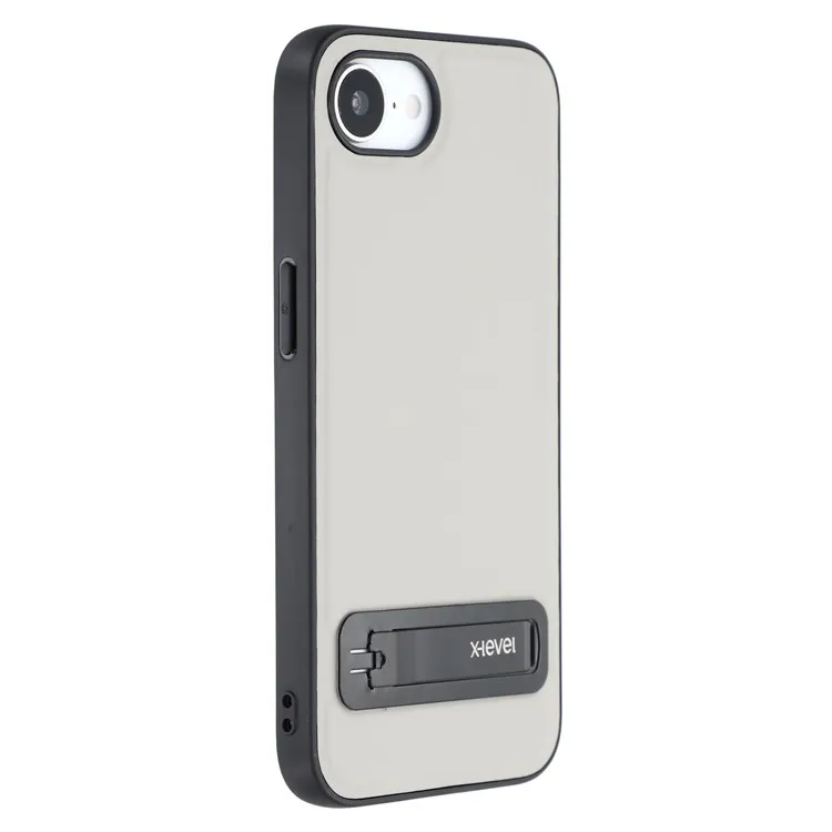 

X-LEVEL For iPhone 16e Case Leather Coated PC TPU Phone Back Cover with Metal Kickstand - Grey
