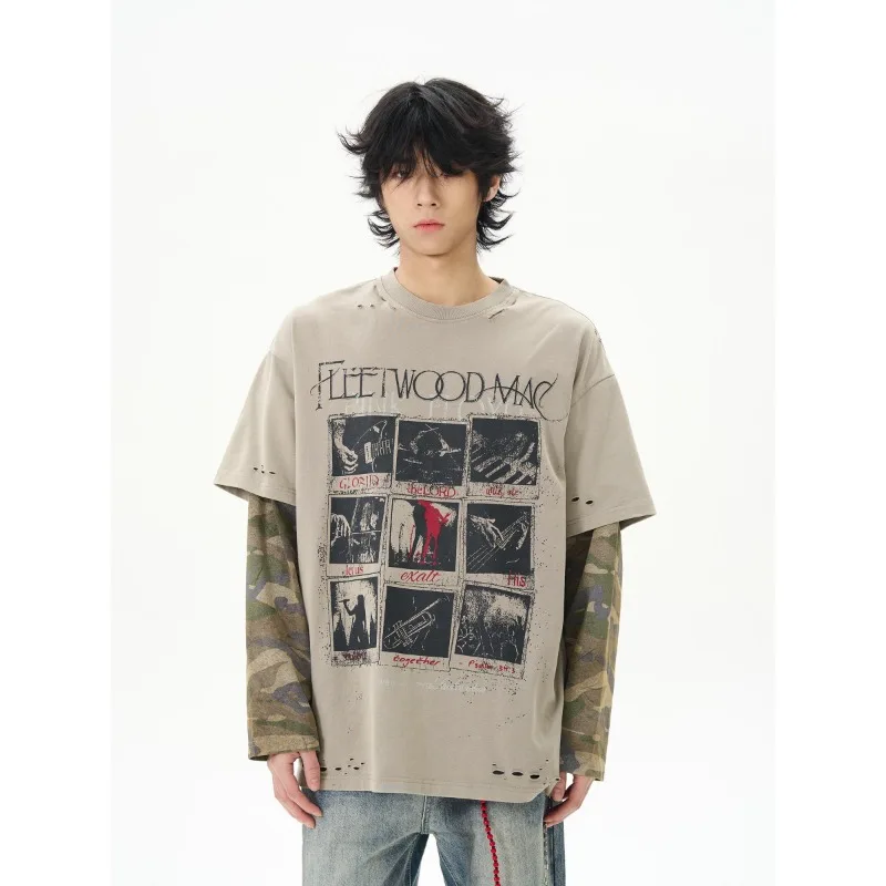 

Spring and Summer American Retro Fake Two-piece T-shirt Ffor Men O-neck Long Sleeve Camouflage Splicing Printed Fashionable Top
