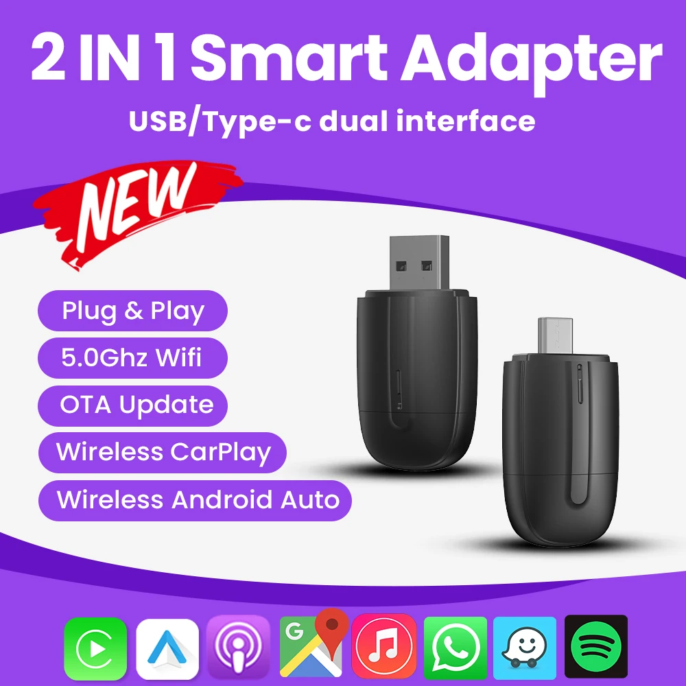 Android Auto Wireless Carplay Type-c USB 2In1 Adapte Bluetooth Plug and Play Dongle For GMC Audi Porsche Benz MG Nissan Seat vw