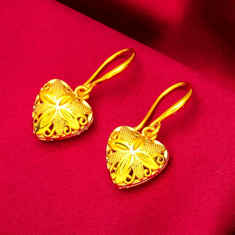 Mylux Jewelry 24K Gold Heart Earrings AU999 Pure Gold, 3D heart design, mirror-polished finish, perfect for daily wear with a to