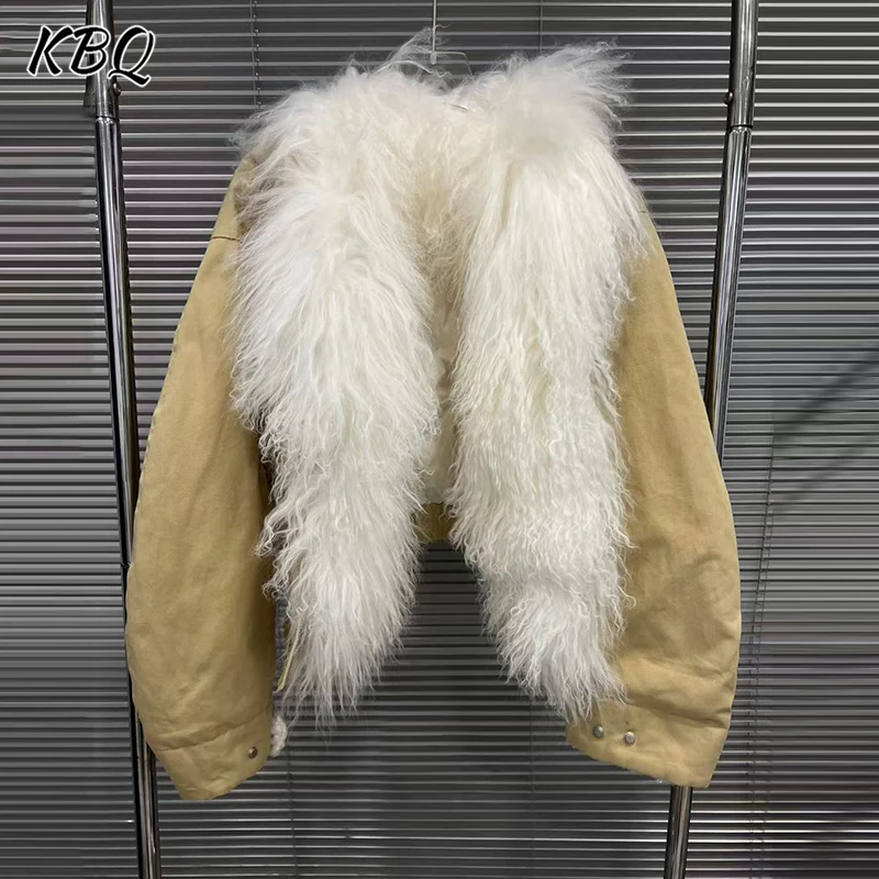 

KBQ Solid Minimalist Loose Casual Warm Jackets for Women Fur Collar Long Sleeve Sweet Down Jacket Female Fashion Winter Style