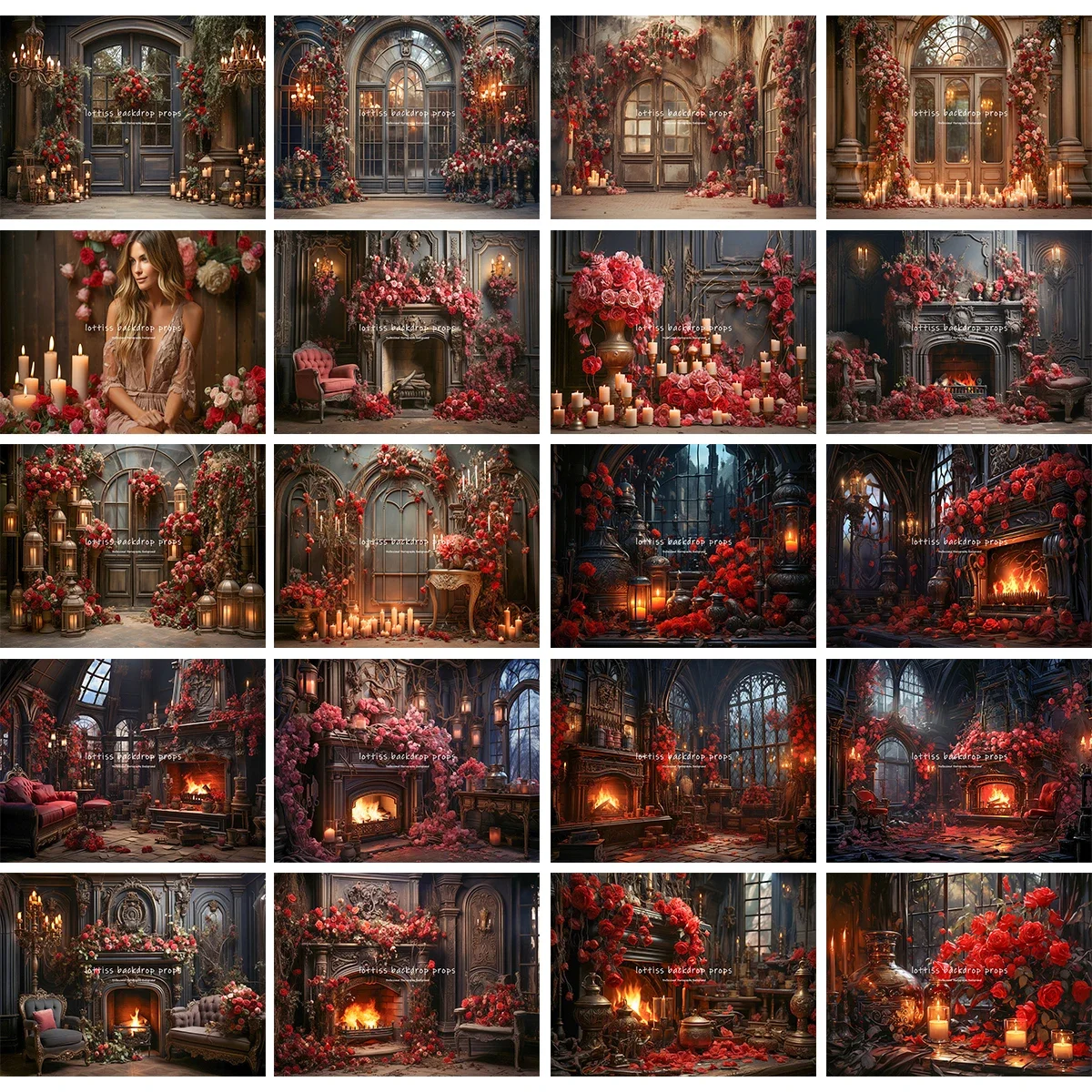 ローズキャッスル バレンタインデー背景幕 キッズガール写真撮影 子供大人フォトコール装飾 花柄木製ドア背景