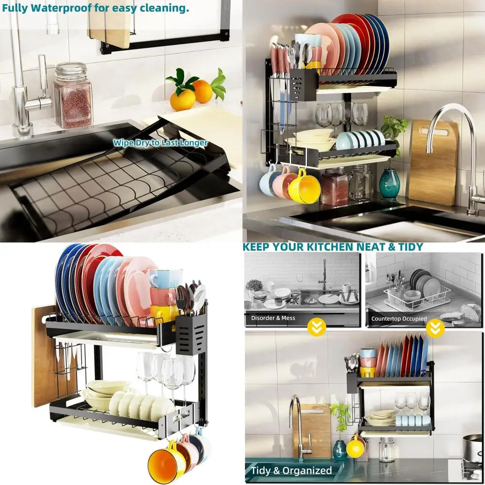

Wall-Mounted Dish Drying Rack with 2 Layers, Cutting Board Holder, 4 Hooks, Drain Tray, 16 Long, Black