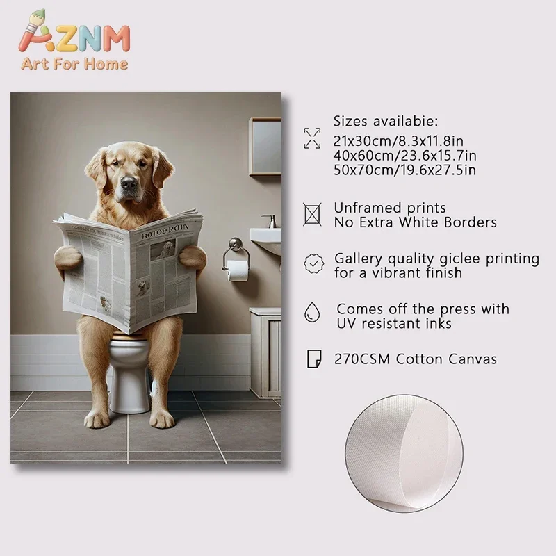 Funny Dog On Toilet Reading Newspaper Canvas Wall Art Cute Pet Poster Unframed Canvas Painting for Bathroom Home Decor Gift
