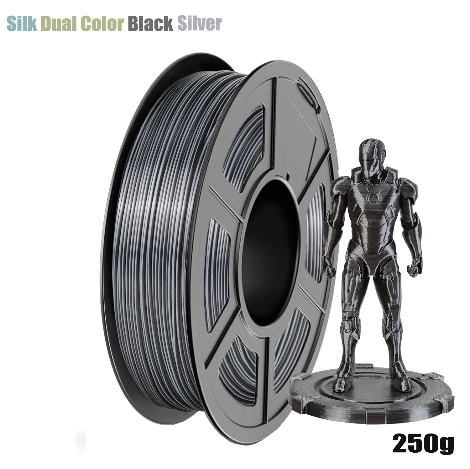 

Шелковая блестящая нить для 3D-принтера PLA 1,75 мм, двойная шелковая нить PLA, двухцветная шелковая нить, двухцветная +/- 0,03 мм, черный, серебристый цвет