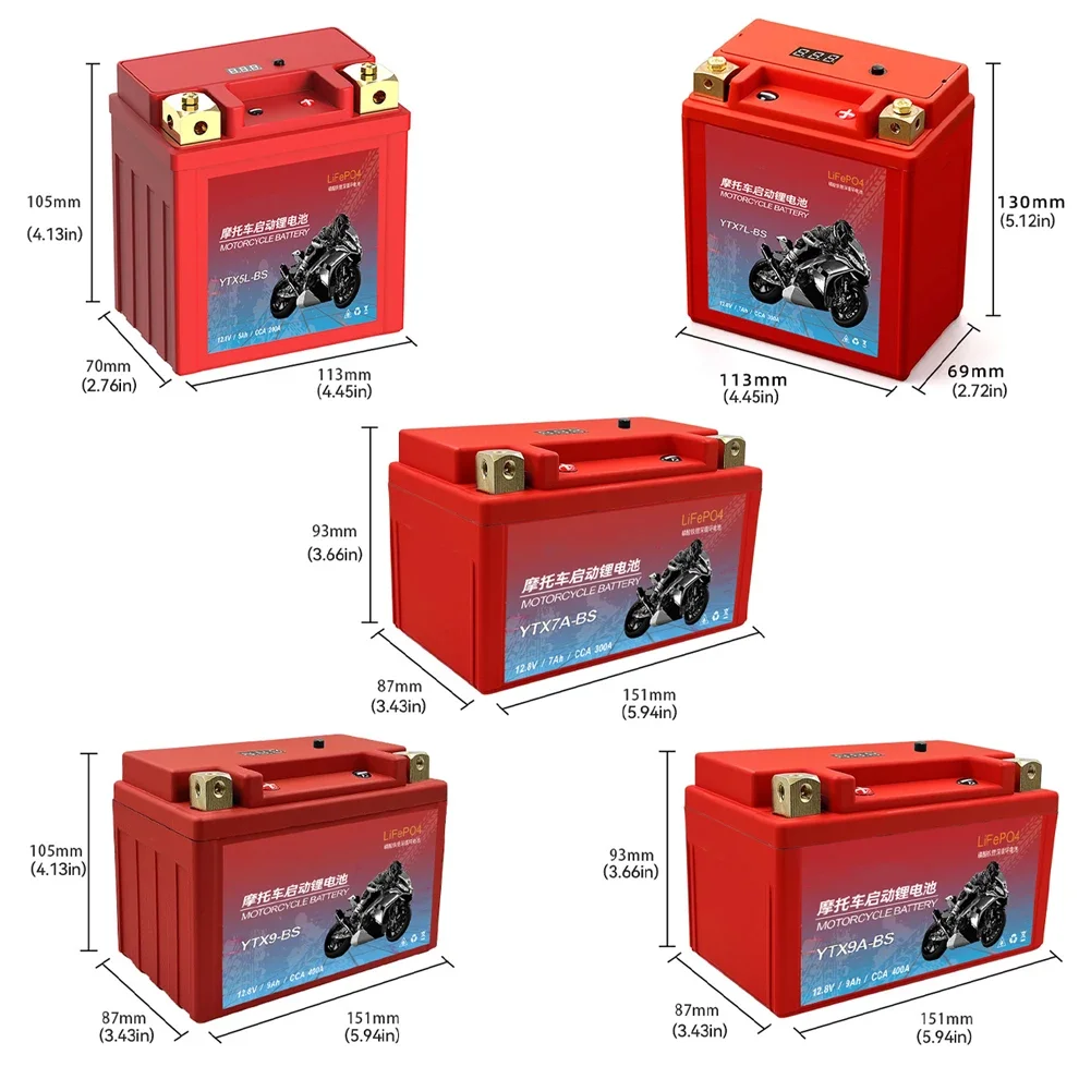 Motorcycle Battery LiFePO4 Scooter Starter 12.8V 5Ah 7Ah 9Ah CCA 200A-400A Built in BMS Lithium Battery Voltage Protection ATV