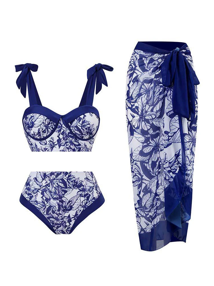 High Waisted Printed Bikini 2023 Women Blue Lace Up Two Piece Swimsuit Push Up Sexy Swimwear for Hot Springs and Beach Vacations